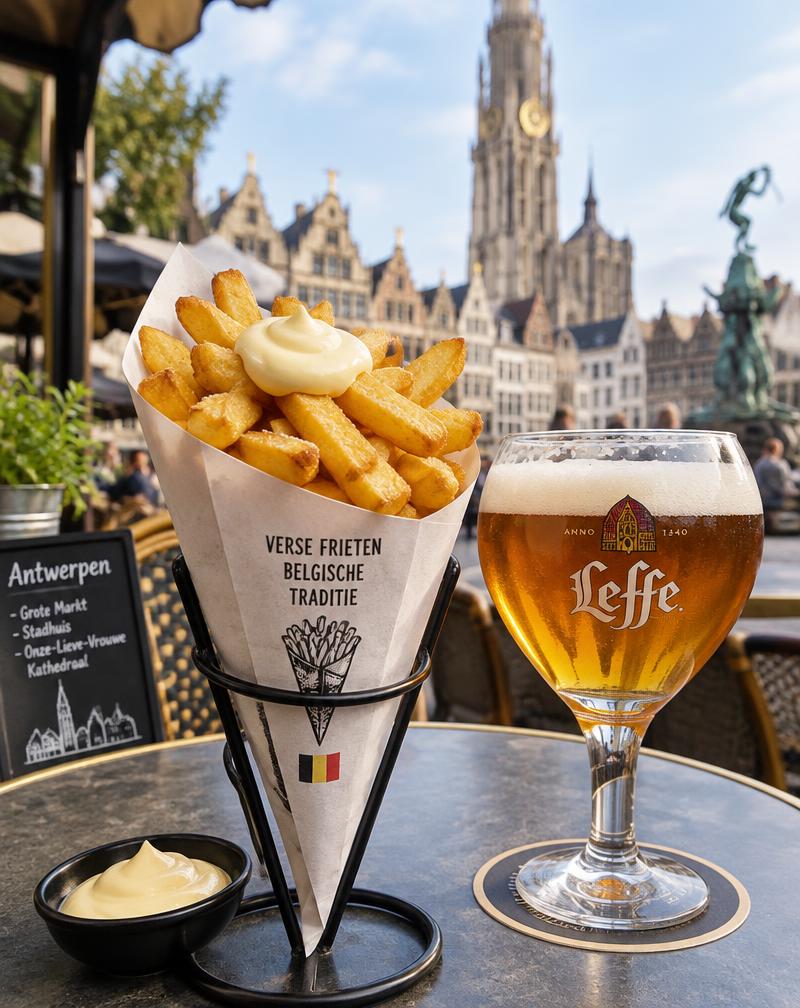 Puntzak Belgische frieten met mayonaise en een glas speciaalbier op een terras