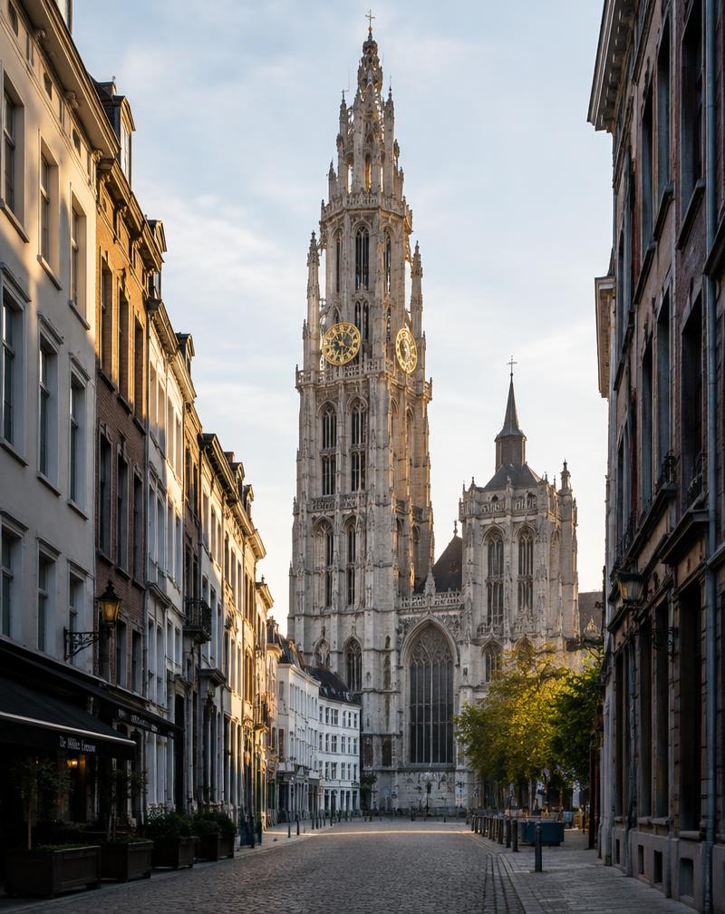 Toren van de Onze-Lieve-Vrouwekathedraal boven een kasseistraat