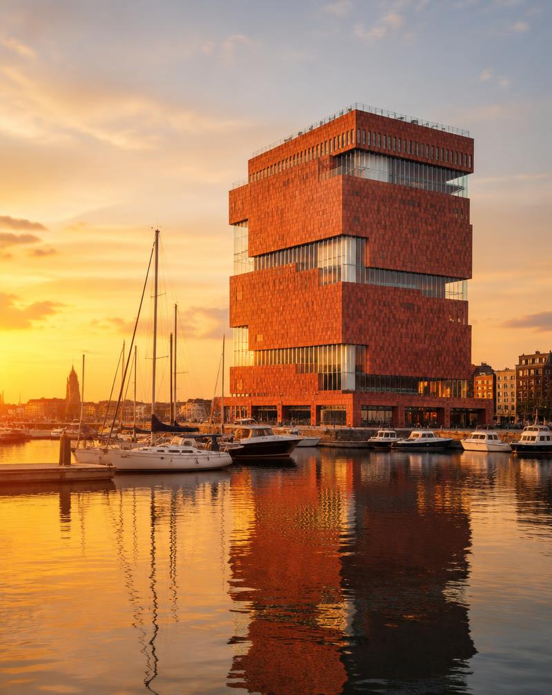Het rode MAS-museum aan het water bij zonsondergang